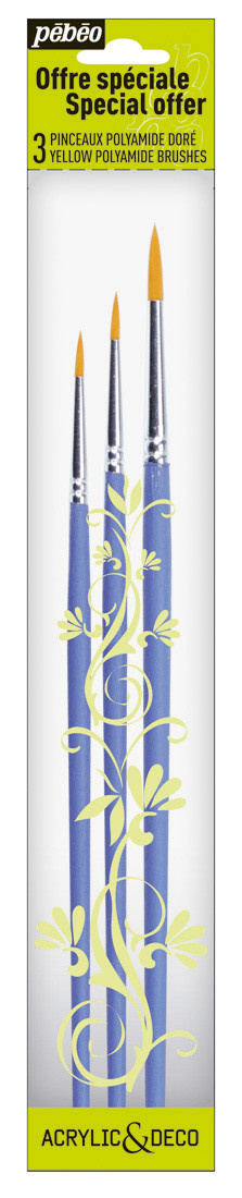 PEBEO Pochette 3 Pinceaux Manche Court Rond - Poly D - 100% Wood Fsc