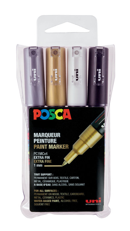 UNI-BALL Posca Set de 4 marqueurs pointe conique extra-fine - PC1MC Or - Argent - Blanc - Noir