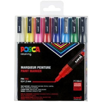 UNI-BALL Posca Set de 8 marqueurs pointe conique fine - PC3M couleurs basiques