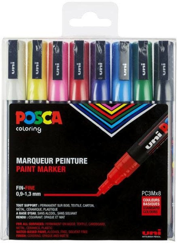 UNI-BALL POSCA MARQUEUR PC-3M Pointe fine X8 Couleurs basiques