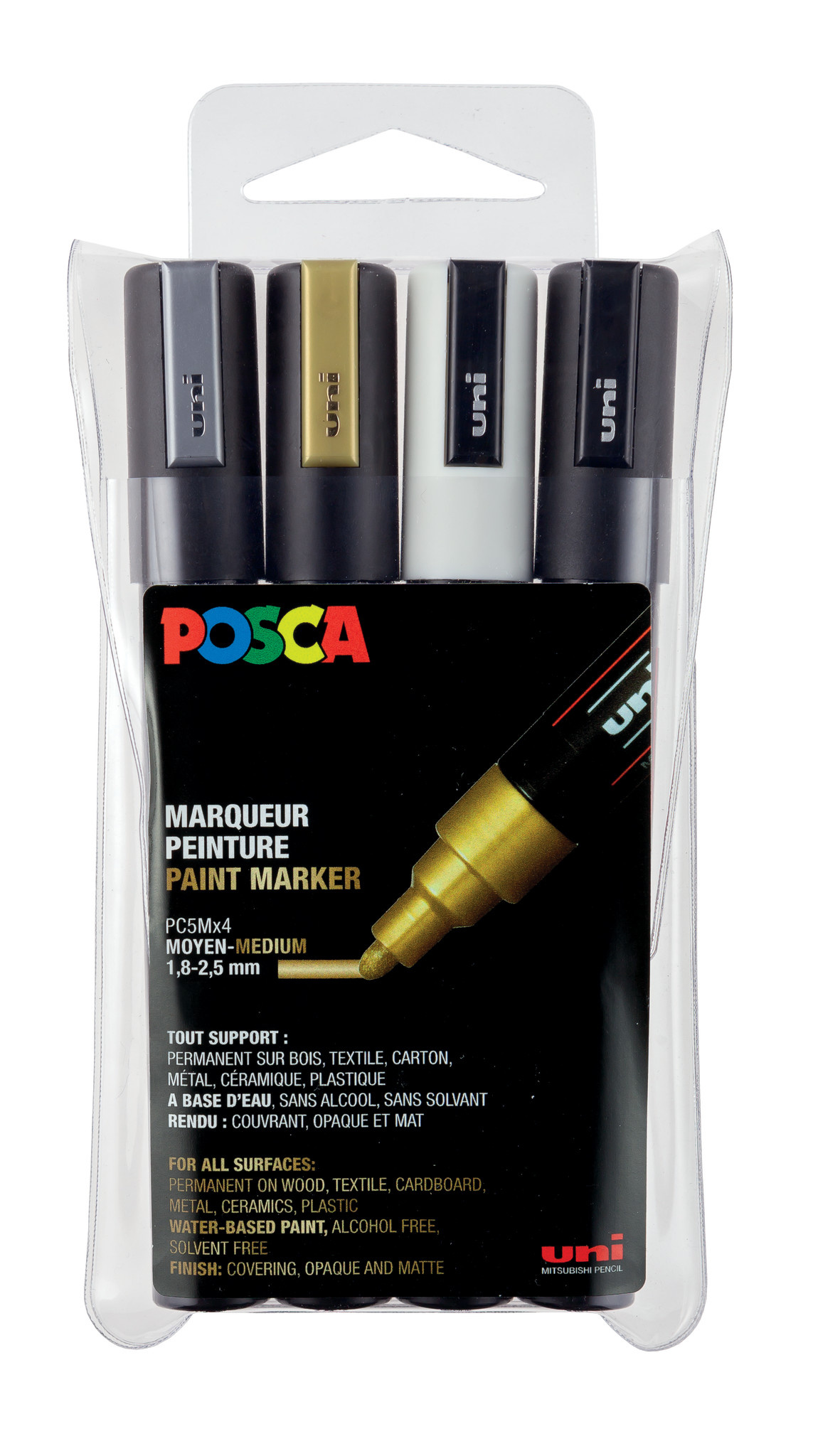 POSCA Marqueur à pigment PC-5M, étui de 4 noir, blanc, or, argent