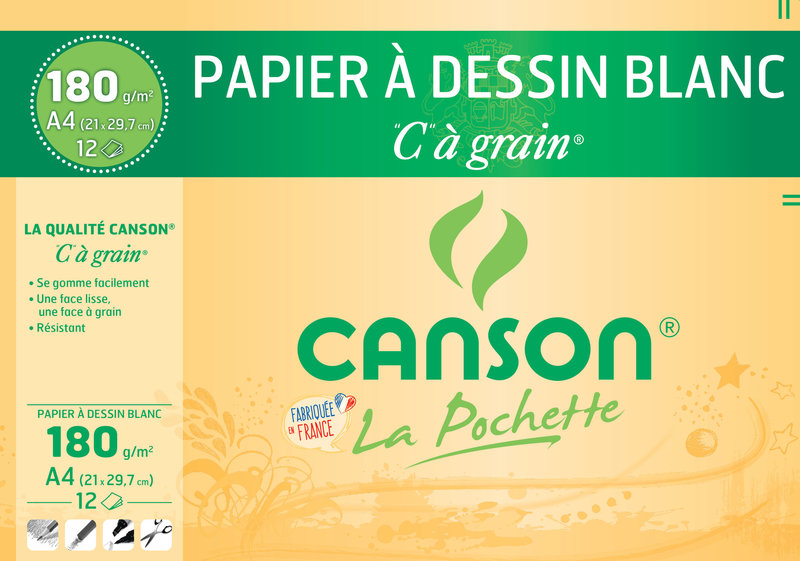 CANSON Pochette Papier À Dessin Blanc 'C' À Grain® A4 12Fl 180