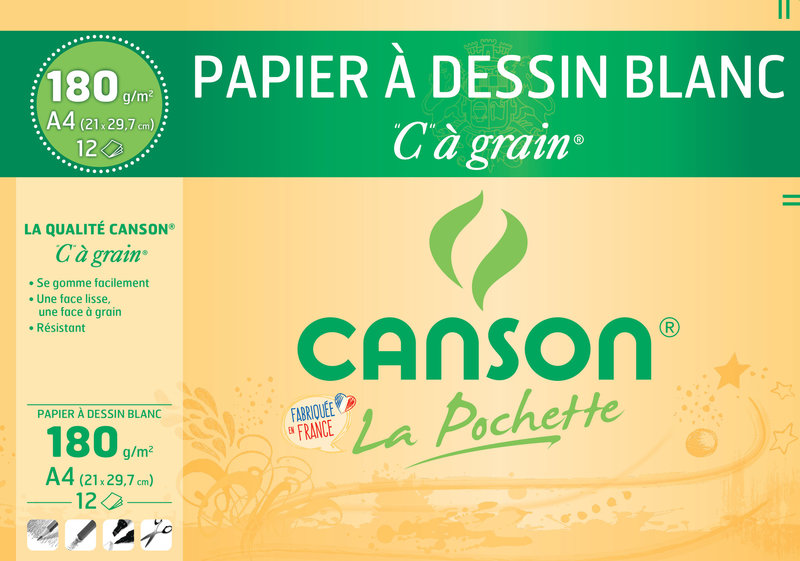 CANSON Pochette papier à dessin blanc 'C' à GRAIN® A4 12 feuilles 180g/m²