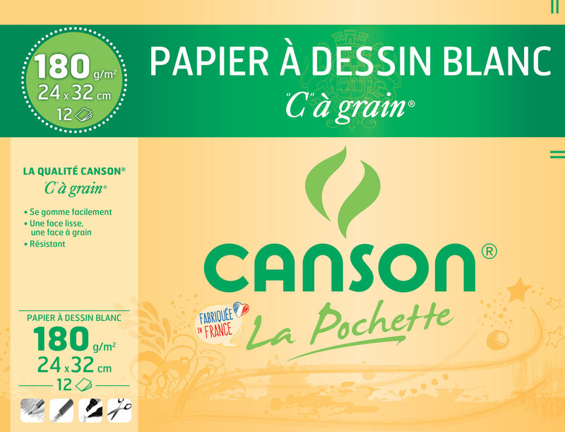 CANSON Pochette Canson® Papier À Dessin Blanc 'C' À Grain® 24X32Cm 12Fl 180G/M²
