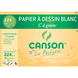 CANSON Pochette Papier à Dessin Blanc C à Grain® A4 224g/m² 12 Feuilles