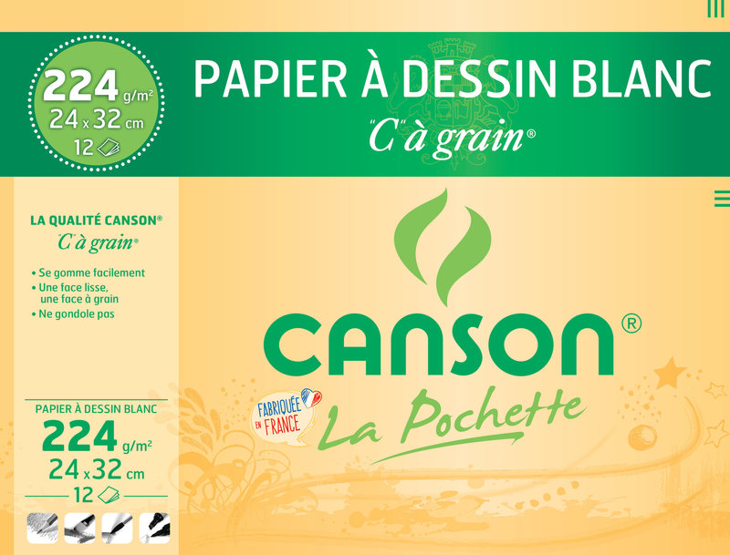 CANSON Pochette Papier À Dessin Blanc 'C' À Grain® 24x32cm 12Fl 224G