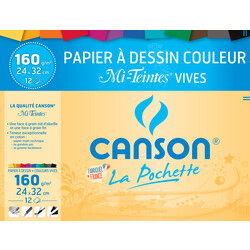 CANSON Pochette Papier à Dessin Couleur Mi-teintes® Vives 24x32cm 160g/m² 12 Feuilles