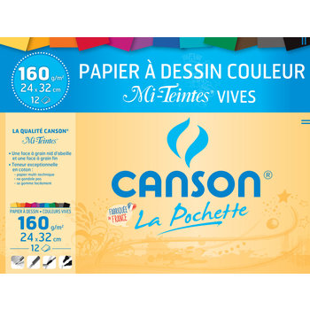 CANSON Pochette Papier à Dessin Couleur Mi-teintes® Vives 24x32cm 160g/m² 12 Feuilles