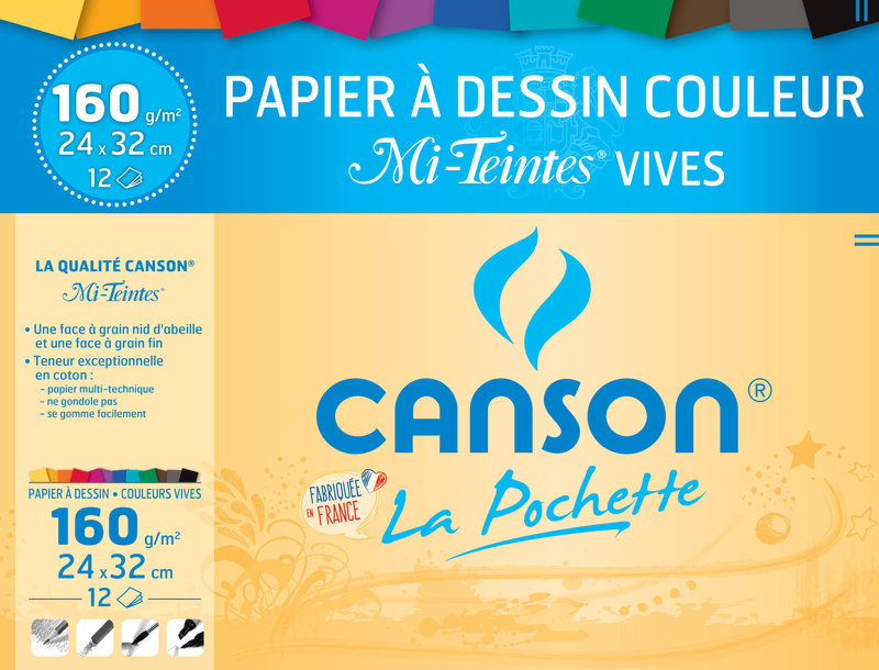 CANSON Pochette Papier Dessin Couleur Mi-Teintes® Vives 24x32cm 12Fl 160G