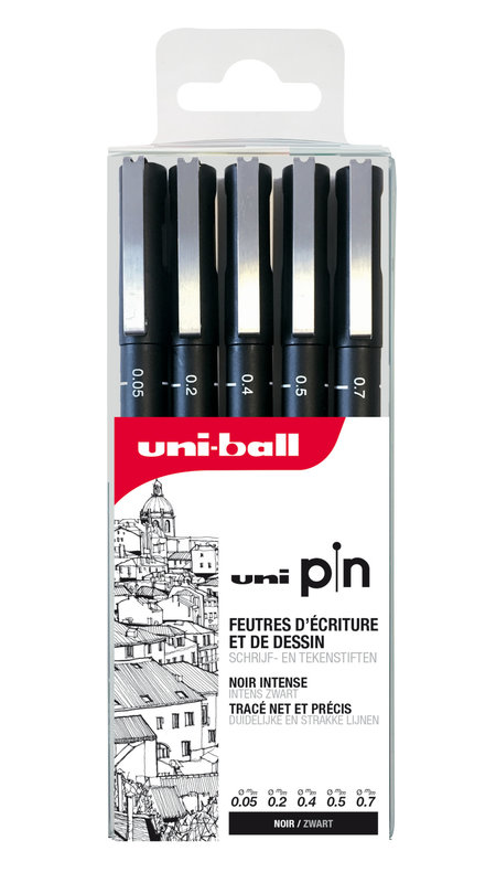 UNI-BALL Pochette de 5 feutres techniques Uni Pin pointe calibrée - 005/02/04/05/07 - Noir