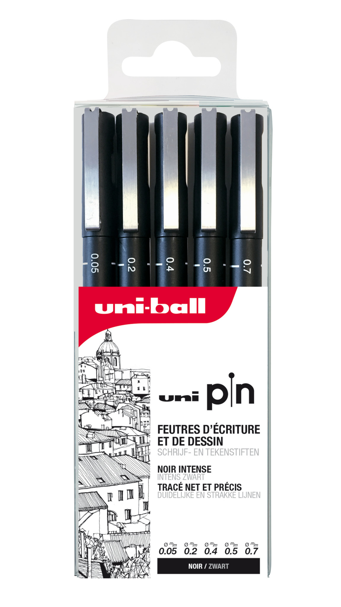 UNI-BALL Pochette de 5 feutres techniques UNI PIN pointe calibrée -  005/02/04/05/07 - Noir - Papeterie Michel