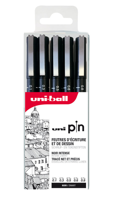 UNI-BALL Pochette de 5 feutres techniques pointe calibrée - 01/03/05/06/08 Noir