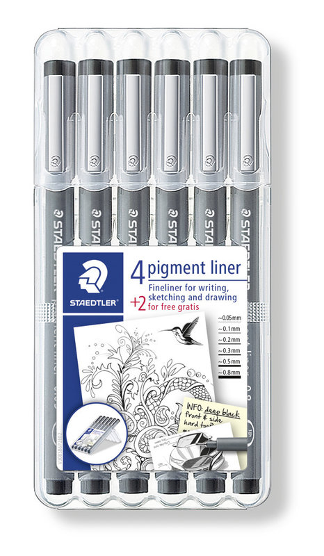 STAEDTLER Pigment Liner 308 - Etui chevalet STAEDTLER® box 6 feutres noirs pointe calibrée 0,05, 0,1, 0,2, 0,3, 0,5, 0,8 "4 + 2 offerts"