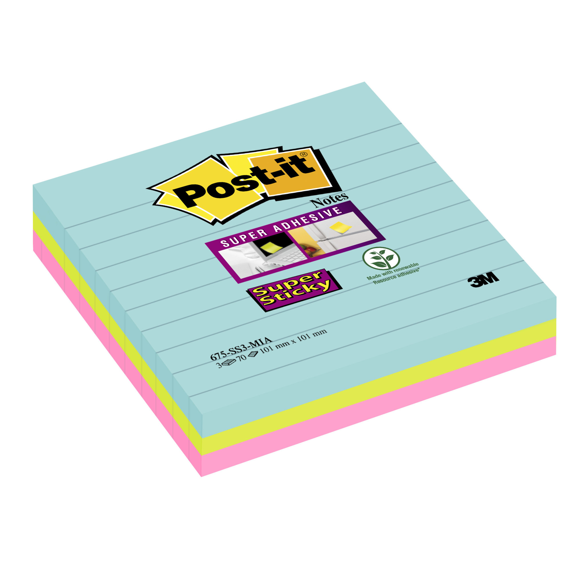 Notes Super Sticky Post-it® Grands Formats couleurs MIAMI, 101 x 101 mm, 3  blocs - Papeterie Michel