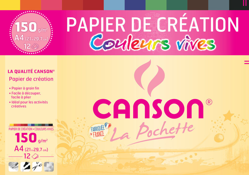 Pochette papier de création Canson - Couleurs vives - A4 150g/m²