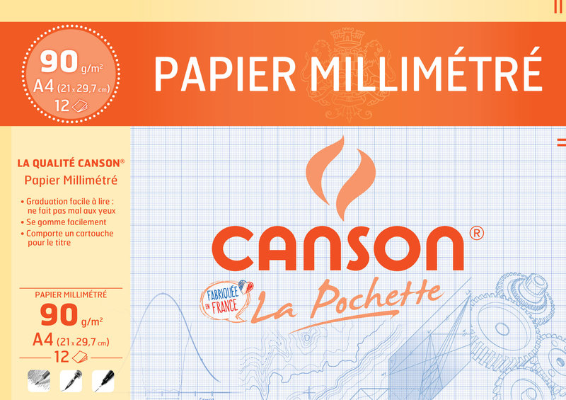 Papier millimétré Canson 90g pochette de 12 feuilles A4 bleu