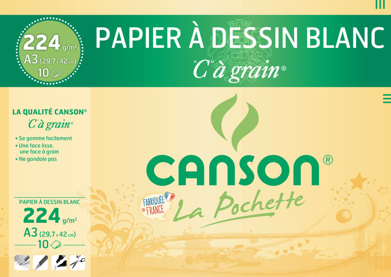 CANSON Pochette Canson® Papier À Dessin Blanc 'C' À Grain® A3 10Fl 224G/M²