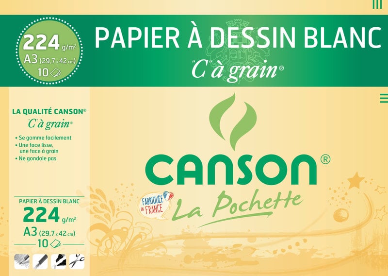 CANSON Pochette Papier À Dessin Blanc 'C' À Grain® A3 10Fl 224G