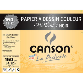 CANSON Pochette Papier à Dessin Couleur Mi-teintes® Noir 24x32cm 160g/m² 12 Feuilles