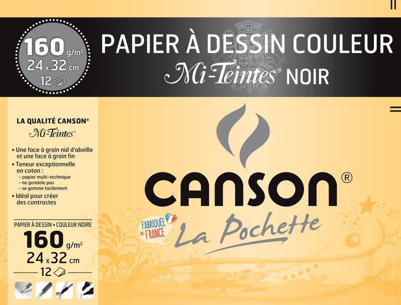 CANSON Pochette Papier Dessin Couleur Mi-Teintes® Noir 24Xx32cm 12Fl 160G