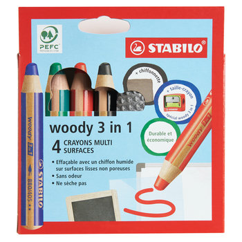 STABILO Etui carton x 4 crayons multi-talents STABILO woody 3in1 + 1 taille crayon + 1 chiffonnette - noir + bleu + rouge + vert