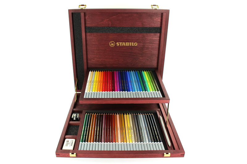 STABILO Coffret bois x 60 STABILO CarbOthello + 1 taille-crayon + 1 gomme + 1 estompe