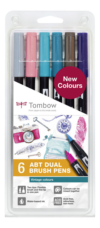 TOMBOW ABT-6P-5 Dual Brush Pen Kit of 6, Vintage Colours (respectively 1x ABT-N49, N52, 379, 407, 569, 817)