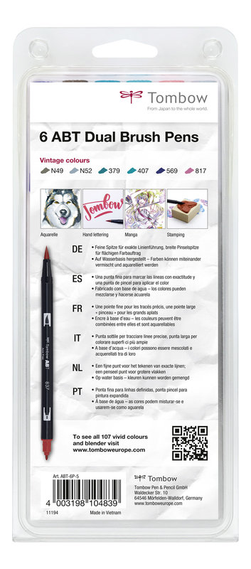 TOMBOW ABT-6P-5 Feutres pinceaux Dual Brush Pen Kit de 6, Vintage Colours (respectivement 1x ABT-N49, N52, 379, 407, 569, 817)
