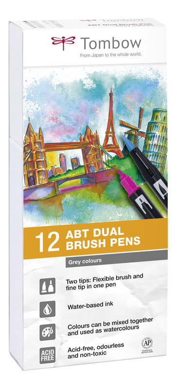 TOMBOW ABT-12P-3 Dual Brush Pen Kit of 12, shades of gray (1 x N15, N25, N35, N45, N55, N57, N65, N75, N79, N89, N95, 491 respectively)