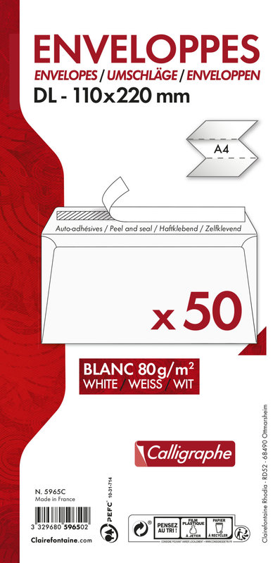 Enveloppe extra blanche Clairefontaine DL 110 x 220 mm 80g sans