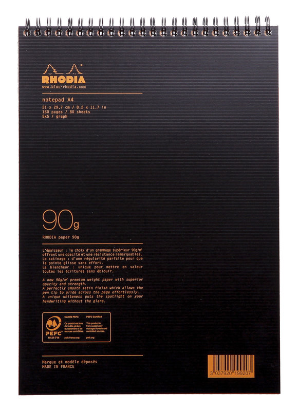 CLAIREFONTAINE Notepad Rhodiactive 90g RI A4 160p. Q.5x5 microperf. +pocket Black