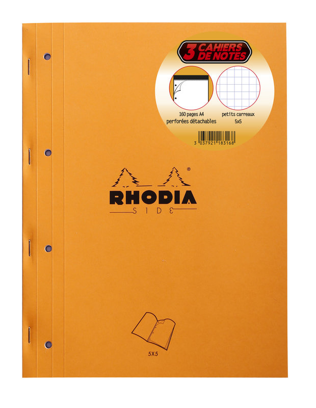 CLAIREFONTAINE Lot De 3 Rhodia Side Bloc De Cours Agr. Côté 22,3X29,7Cm 5X5 80F Mprf + Perfo 4T. 80G