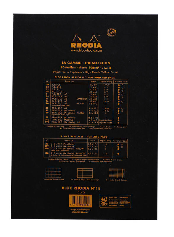 CLAIREFONTAINE Bloc Agrafé Rhodia Black N°18 21X29,7 Cm 80 Feuillets Petits Carreaux 5X5 80 G