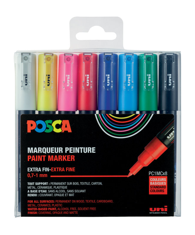UNI-BALL Posca Set de 8 marqueurs pointe conique extra-fine - PC1MC couleurs basiques