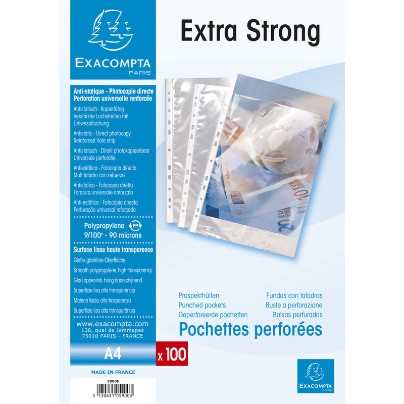 Exacompta - Etui carton de 100 pochettes perforées polypropylène lisse  6/100e - A4 - Cristal