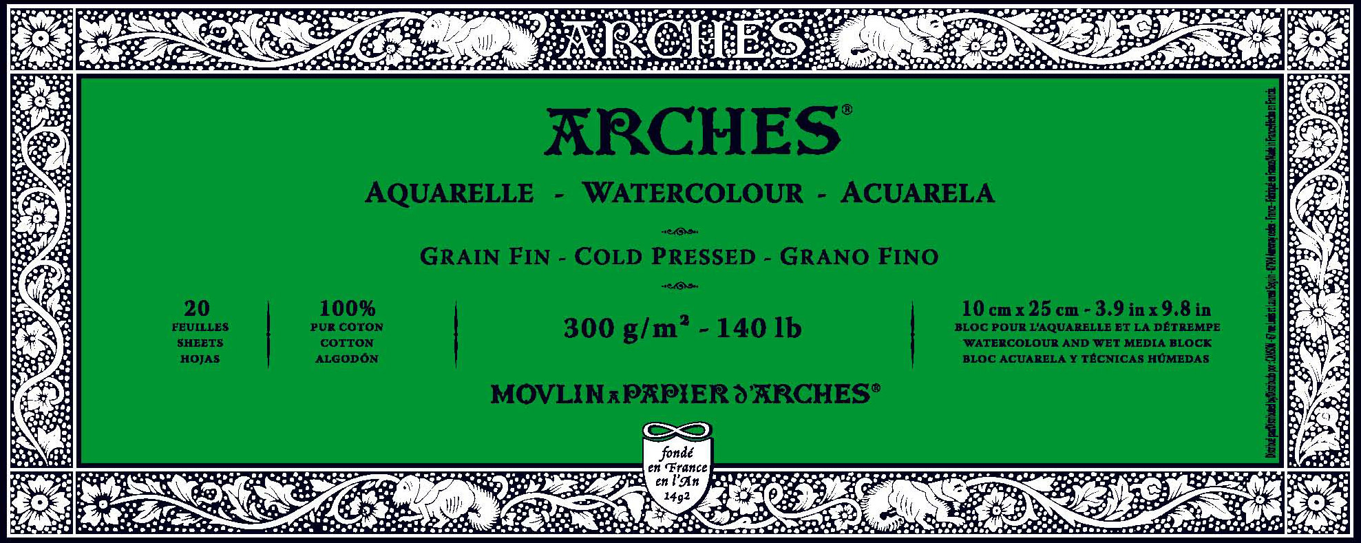 ARCHES Arches® Aquarelle Grain Fin 300 G/M² Blanc Naturel Bloc Collé 4 Côtés 10 X 25 Cm