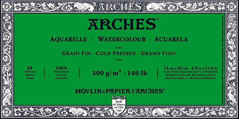 ARCHES Aquarelle Grain Fin 300G Bloc Collé 4 Côtés 15x30cm