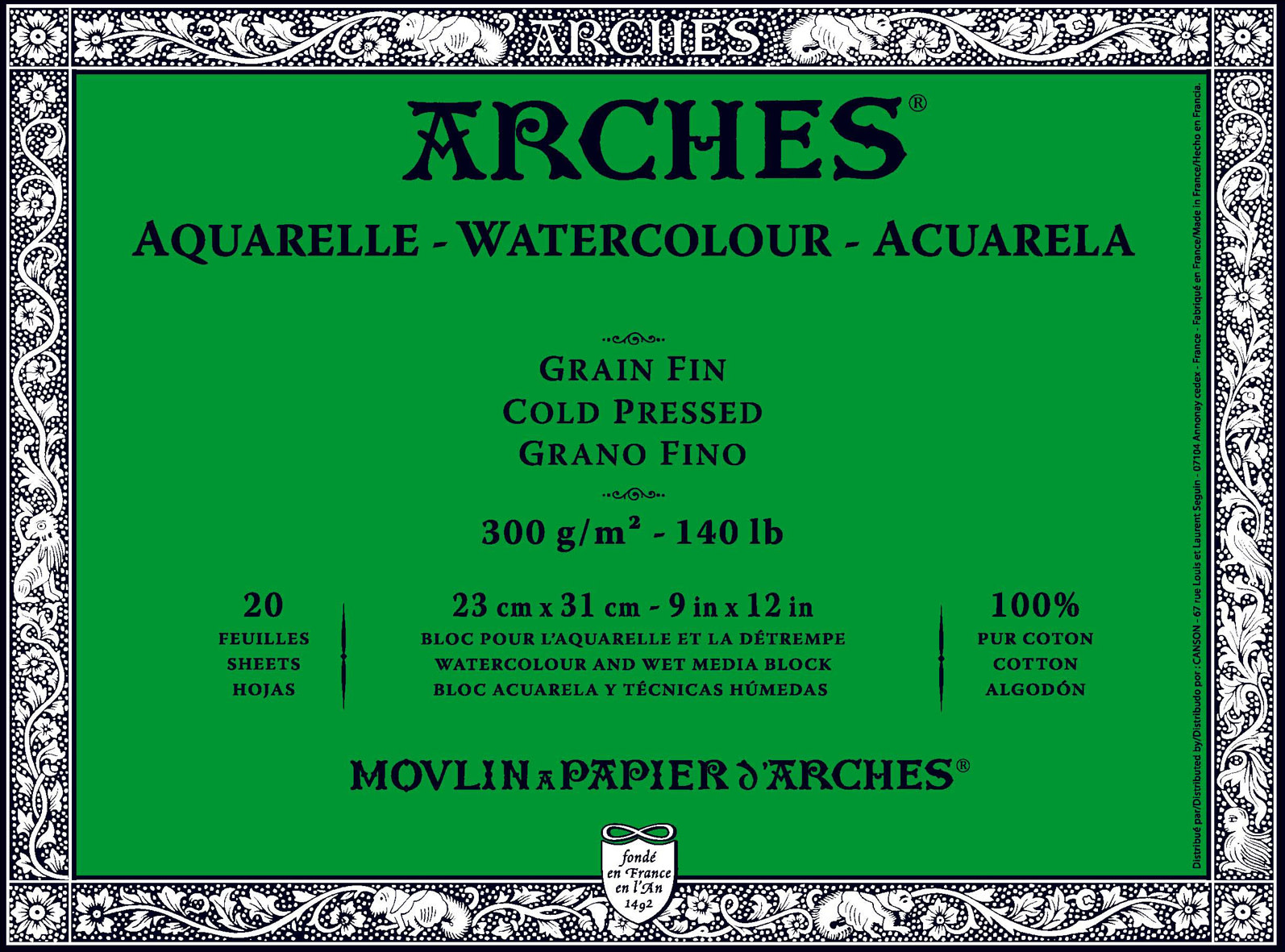 ARCHES Arches® Aquarelle Grain Fin 300 G/M² Blanc Naturel Bloc Collé 4 Côtés 23 X 31 Cm