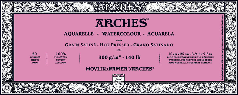 ARCHES Aquarelle Grain Satiné 300G Bloc Collé 4 Côtés 10x25cm