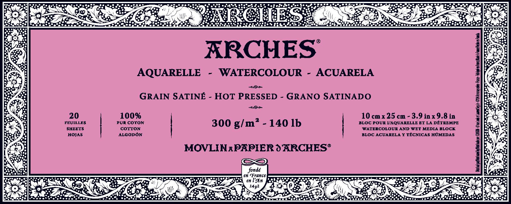 ARCHES Arches® Aquarelle Grain Satiné 300 G/M² Blanc Naturel Bloc Collé 4 Côtés 10 X 25 Cm