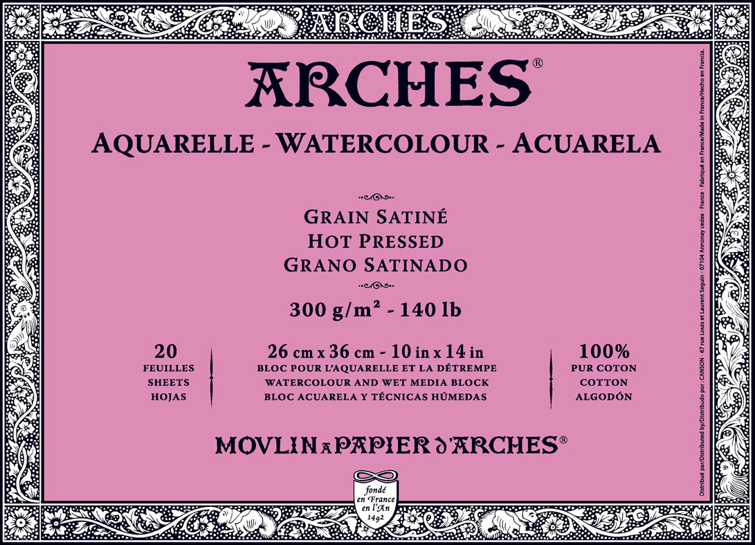 ARCHES Arches® Aquarelle Grain Satiné 300 G/M² Blanc Naturel Bloc Collé 4 Côtés 26 X 36 Cm
