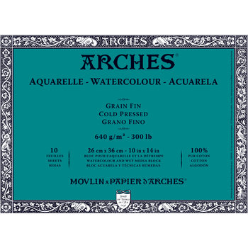ARCHES Aquarelle Grain Fin 640G Bloc Collé 4 Côtés 26x36cm