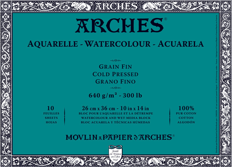 ARCHES Aquarelle Bloc collé 4 cotés Grain Fin Blanc 20 Feuilles 300g  20x20cm - Papeterie Michel