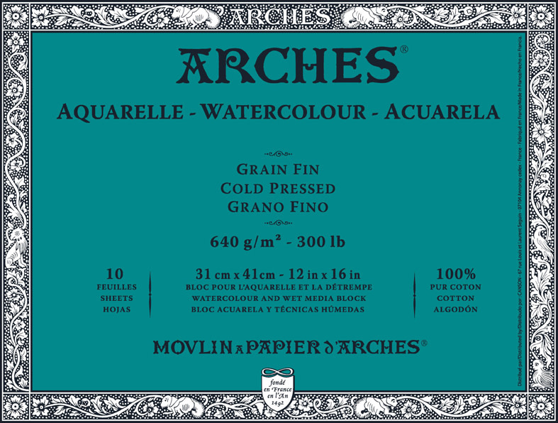 ARCHES Arches® Aquarelle Grain Fin 640 G/M² Blanc Naturel Bloc Collé 4 Côtés 31 X 41 Cm