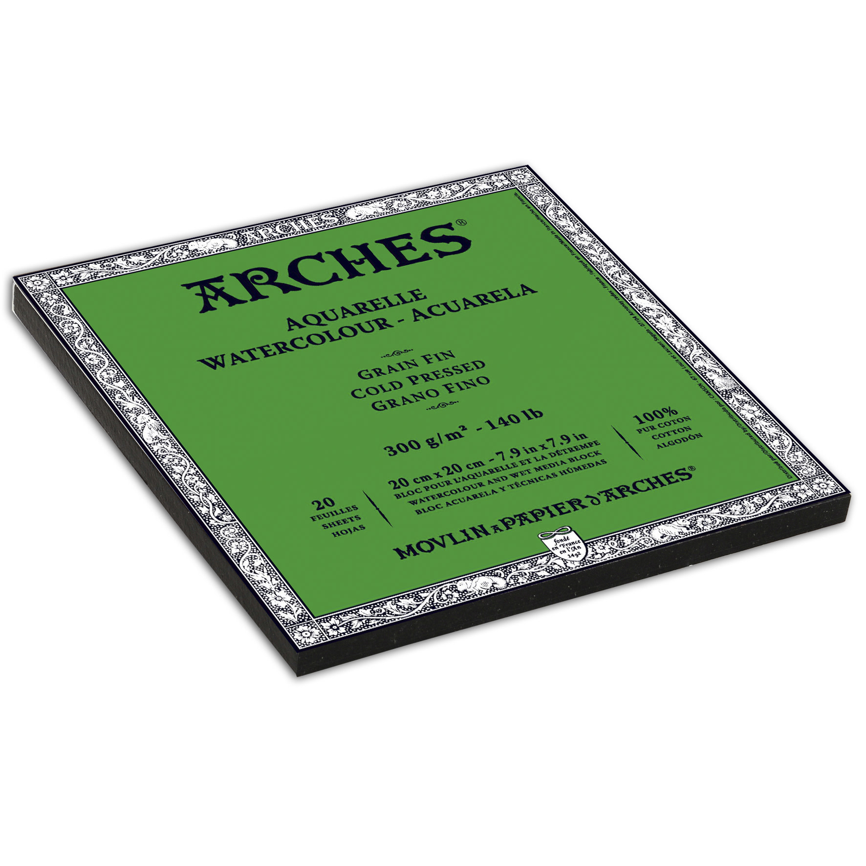 ARCHES Arches® Aquarelle Grain Fin 300 G/M² Blanc Naturel Bloc Collé 4 Côtés 20 X 20 Cm