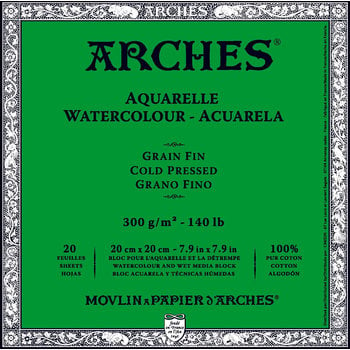 ARCHES Aquarelle Bloc collé 4 cotés Grain Fin Blanc 20 Feuilles 300g 20x20cm
