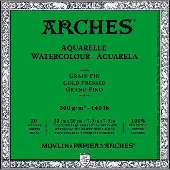 ARCHES Arches® Aquarelle Grain Fin 300 G/M² Blanc Naturel Bloc Collé 4 Côtés 20 X 20 Cm