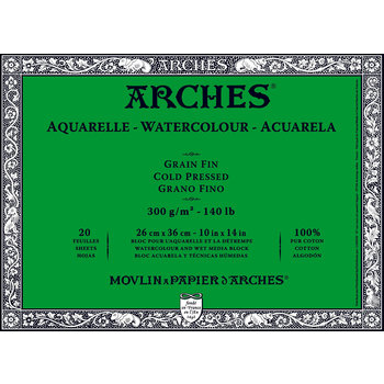 ARCHES Aquarelle Bloc collé 4 cotés Grain Fin Blanc 20 Feuilles 300g 26x36cm