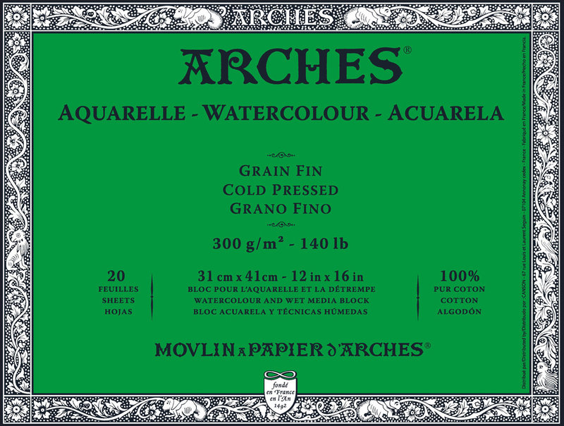 ARCHES Bloc collé 4 côtés Aquarelle grain fin 300g/m² Blanc naturel 31x41cm