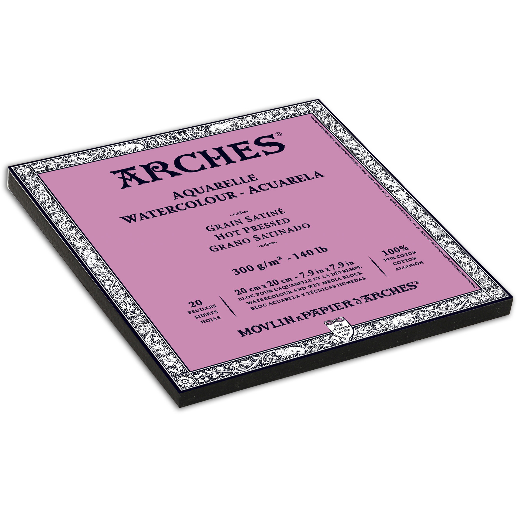 ARCHES Arches® Aquarelle Grain Satiné 300 G/M² Blanc Naturel Bloc Collé 4 Côtés 20 X 20 Cm